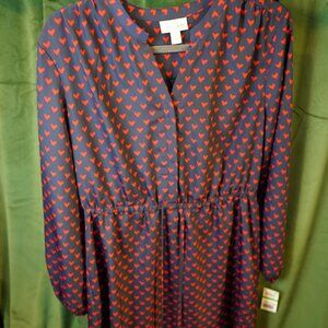 Maison Jules Navy Blue Red Hearts Women's Printed Fit & Flare Dress Size Large
